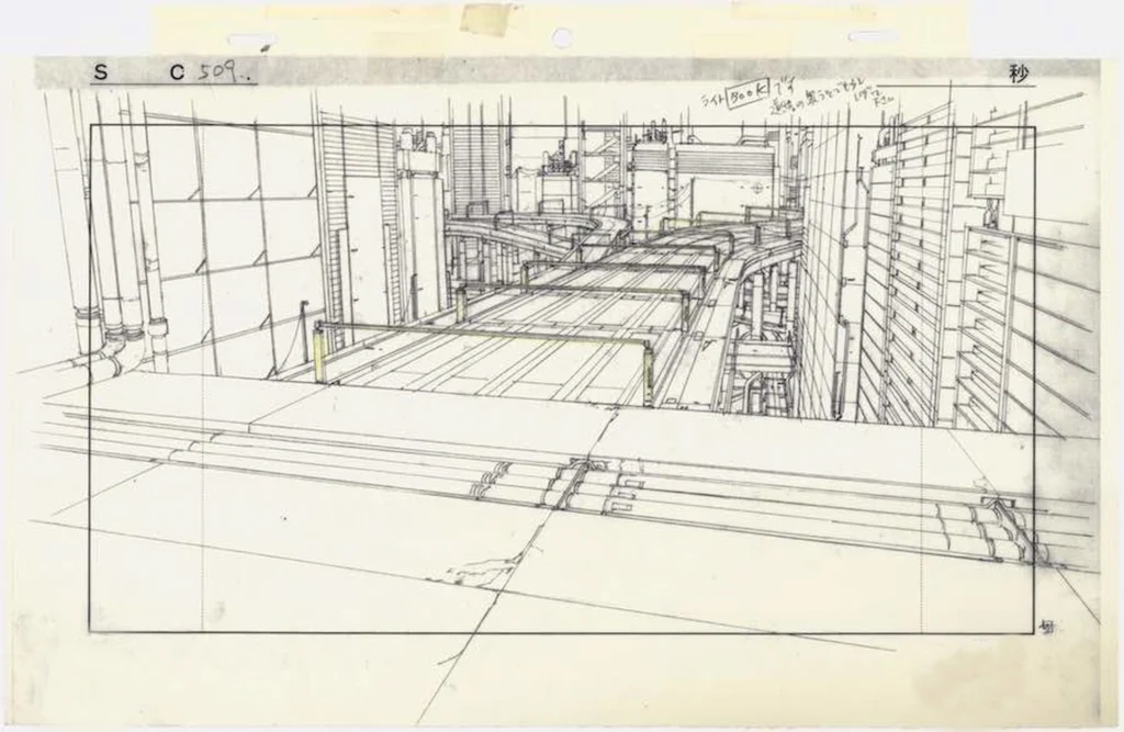 Layout officiel d'animation (genga de décor) du studio Production I.G illustrant une infrastructure industrielle cyberpunk complexe au trait de crayon, avec cadre de caméra, annotations de production et le célèbre tampon du basset hound typique des œuvres de Mamoru Oshii.