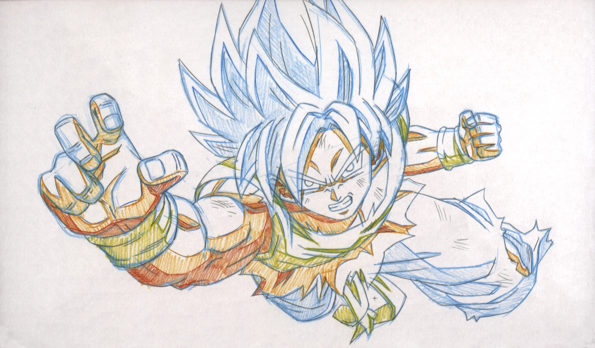 Genga officiel d'animation de Son Goku (Dragon Ball) en posture de combat dynamique, réalisé avec des traits de construction aux crayons de couleur bleu et orange sur papier d'animation.