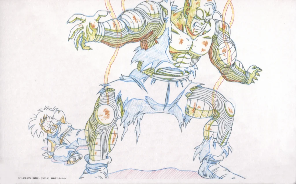 Genga officiel d'animation de Dragon Ball Z illustrant la scène poignante de Piccolo gravement blessé s'interposant pour protéger Son Gohan, mettant en évidence les traits de construction et de volume aux crayons de couleur sur papier d'animation.