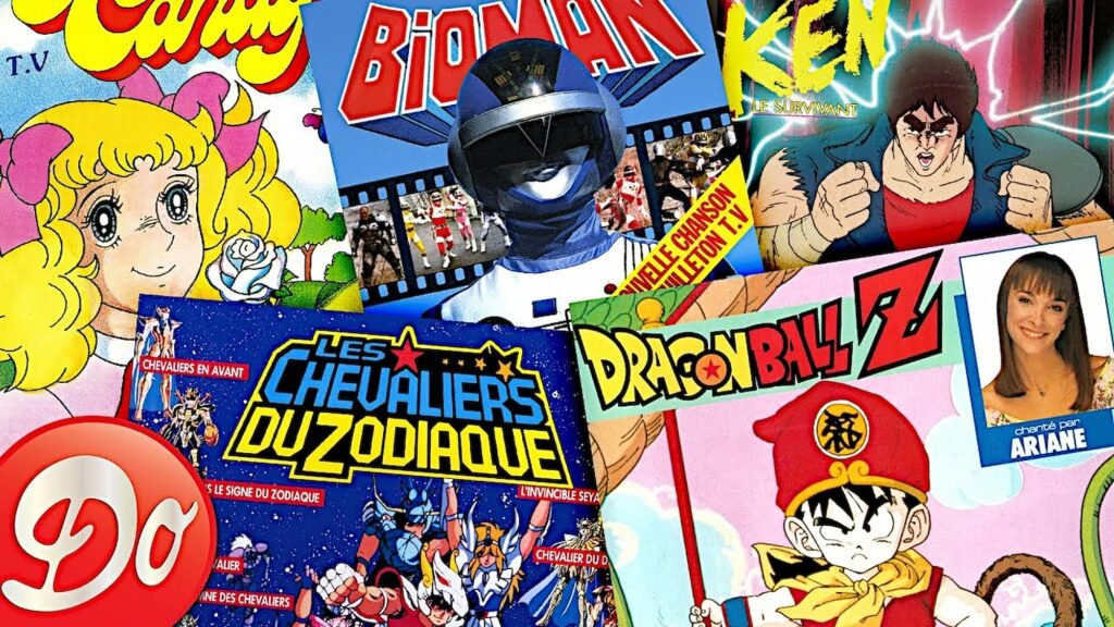 Mosaïque visuelle rassemblant les célèbres pochettes de génériques télévisés du Club Dorothée incluant Candy, Bioman, Ken le Survivant, Les Chevaliers du Zodiaque, Dragon Ball Z avec Ariane, et le logo original de l'émission.