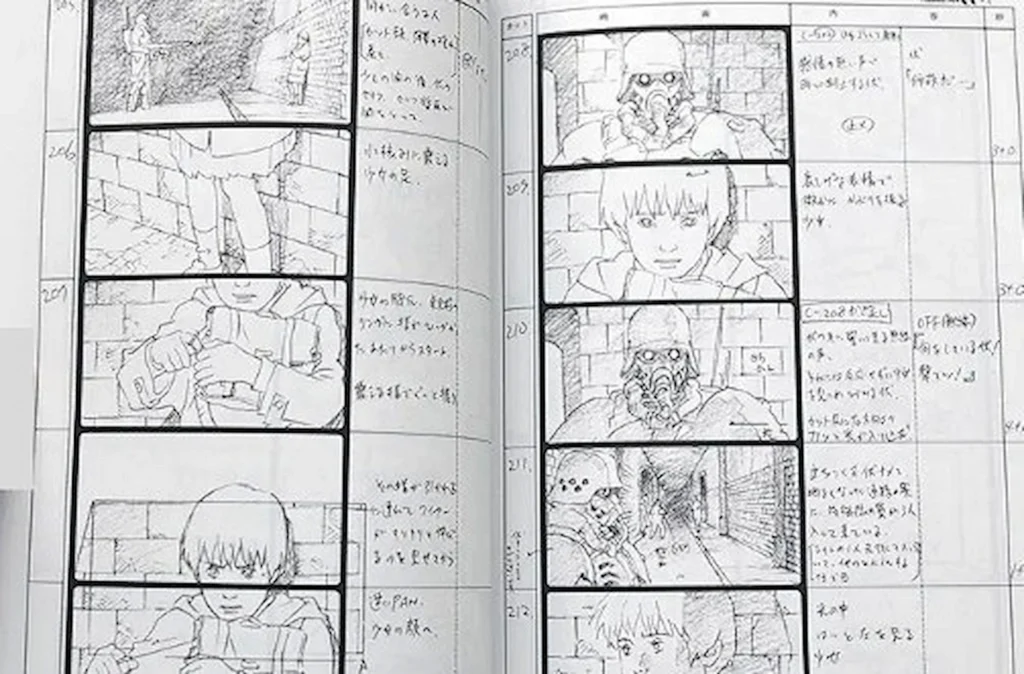 Détail d'une double page de storyboard (e-konte) officiel d'animation de Jin-Roh, révélant les croquis séquentiels préparatoires d'un soldat Panzer Cop face à une jeune fille, accompagnés des annotations de production manuscrites.