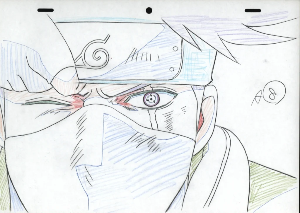 Genga officiel d'animation de Kakashi Hatake dévoilant son Sharingan avec des traits au crayon de couleur et graphite sur papier d'animation original.