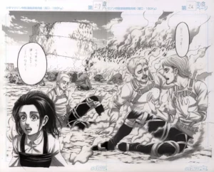 Vue panoramique de la double planche B4 officielle illustrant la disparition du pouvoir des Titans avec Reiner, Jean, Connie et Gabi