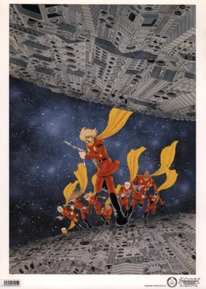 Vue d'ensemble du fukusei genga Cyborg 009 officiel illustrant l'escadron de Joe Shimamura évoluant dans l'espace entre d'immenses vaisseaux spatiaux.
