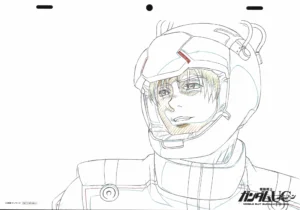 Fukusei genga officiel Sunrise présentant un portrait détaillé de Banagher Links de Gundam Unicorn en tenue de pilote.