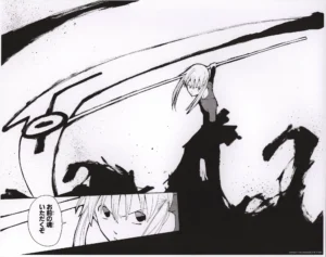 Fukusei genga officiel de Soul Eater montrant Maka Albarn maniant la faux démoniaque avec une puissante esthétique à l'encre noire.