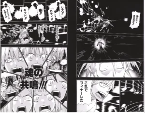 Fukusei genga officiel de Soul Eater illustrant la Résonance des Âmes finale avec Maka, Soul et leurs alliés.