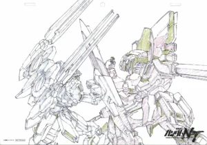 Fukusei genga officiel Sunrise illustrant un combat épique au sabre laser entre le mecha RX-9 Narrative Gundam (B-Packs) et le Sinanju Stein, avec annotations de production en couleurs.