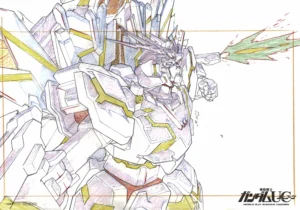 Fukusei genga officiel Sunrise illustrant le RX-0 Full Armor Unicorn Gundam en action avec annotations de production en couleurs.
