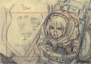 Fukusei genga officiel Sunrise illustrant Bellri Zenam de Gundam Reconguista in G dans son cockpit, riche en annotations de production et cadrage rouge.