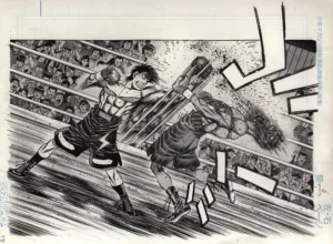 Scène d'action magistrale montrant un échange de coups violent sur le ring, sur le papier manuscrit du Shonen Magazine.