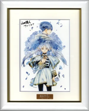 Lithographie officielle encadrée de Frieren et Himmel entourés de fleurs de lune bleue, avec plaque numérotée.