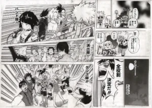 Fac-similé officiel My Hero Academia, vue globale des élèves de la classe 1-A répartissant leurs rôles pour le Festival Culturel.