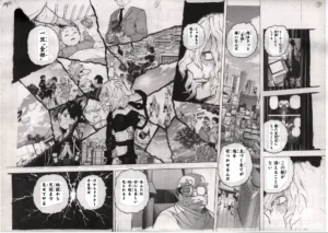 Fac-similé officiel My Hero Academia en double page, montrant Tomura Shigaraki au centre d'une composition en éclats de verre reflétant la société des héros qu'il souhaite détruire.